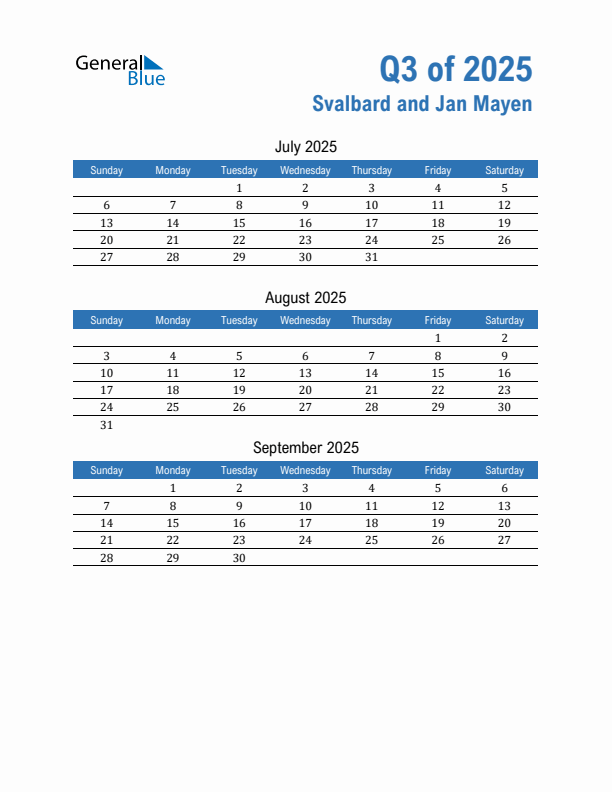 Svalbard and Jan Mayen Q3 2025 Quarterly Calendar with Sunday Start