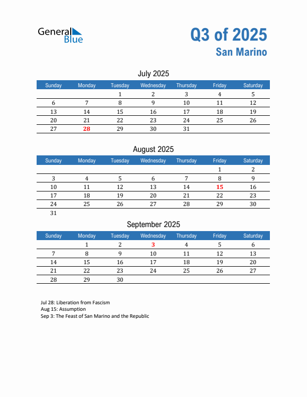 San Marino Q3 2025 Quarterly Calendar with Sunday Start