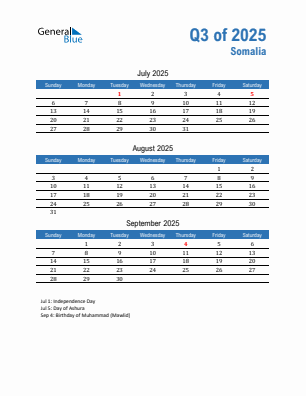 Somalia Quarter 3 2025 calendar template