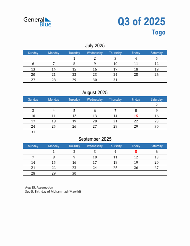 Togo Q3 2025 Quarterly Calendar with Sunday Start