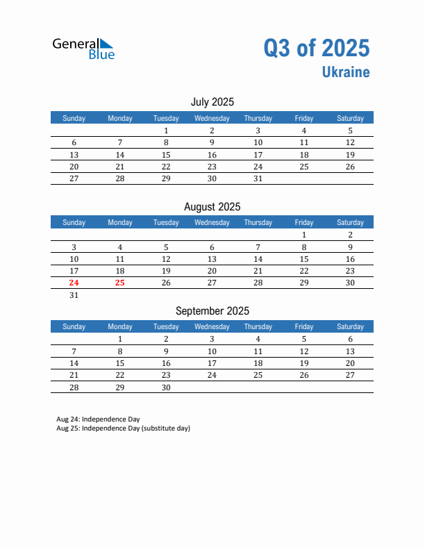 Ukraine Q3 2025 Quarterly Calendar with Sunday Start