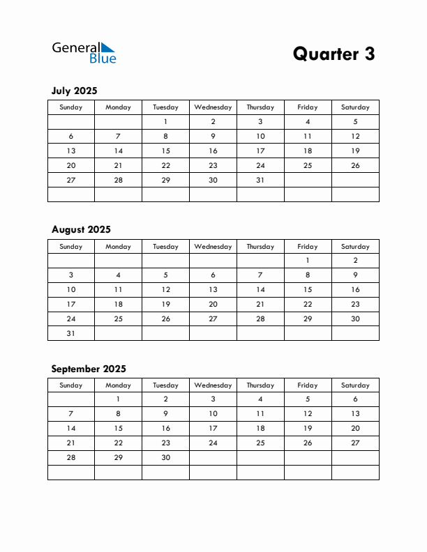 Quarter 3 2025 Calendar - Sunday Start