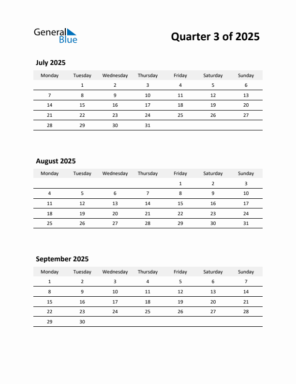 2025 Three-Month Calendar (Quarter 3)