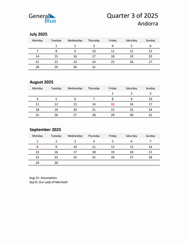 2025 Q3 Three-Month Calendar for Andorra