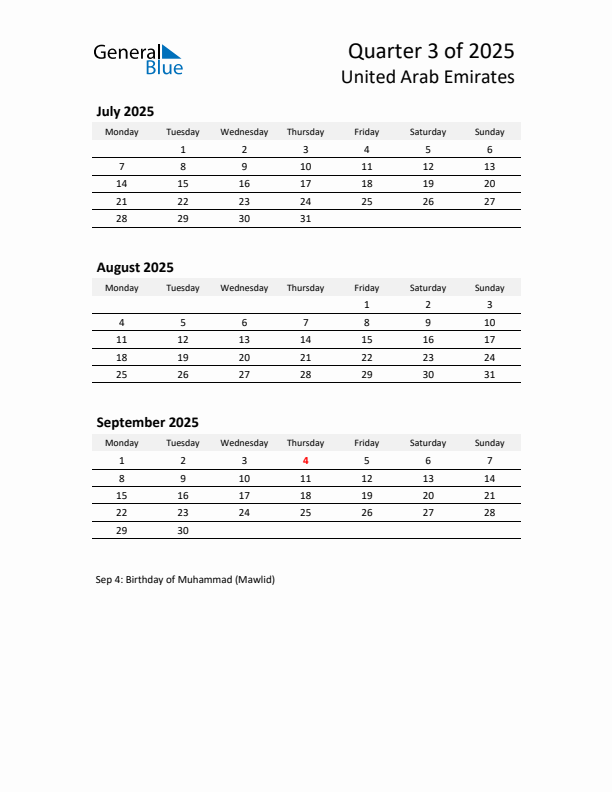 2025 Q3 Three-Month Calendar for United Arab Emirates