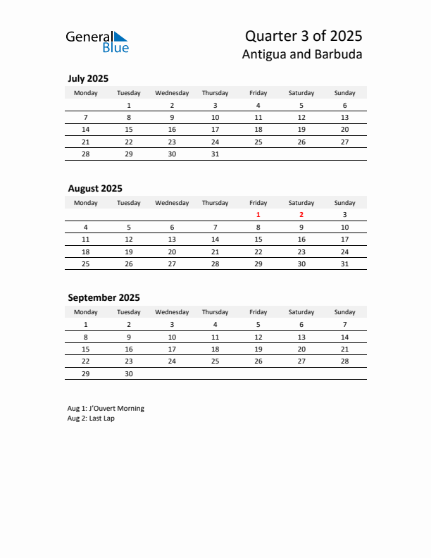 2025 Q3 Three-Month Calendar for Antigua and Barbuda