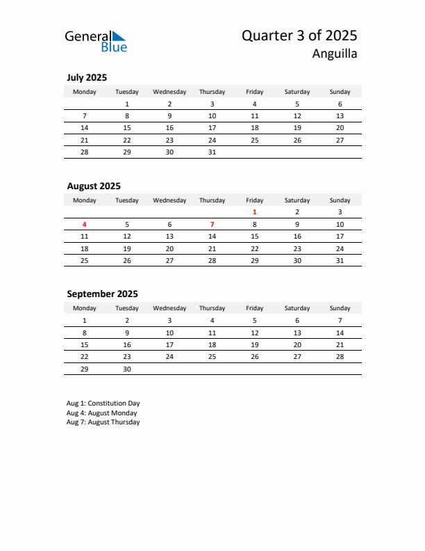 2025 Q3 Three-Month Calendar for Anguilla