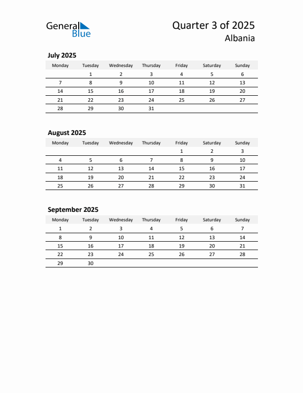 2025 Q3 Three-Month Calendar for Albania