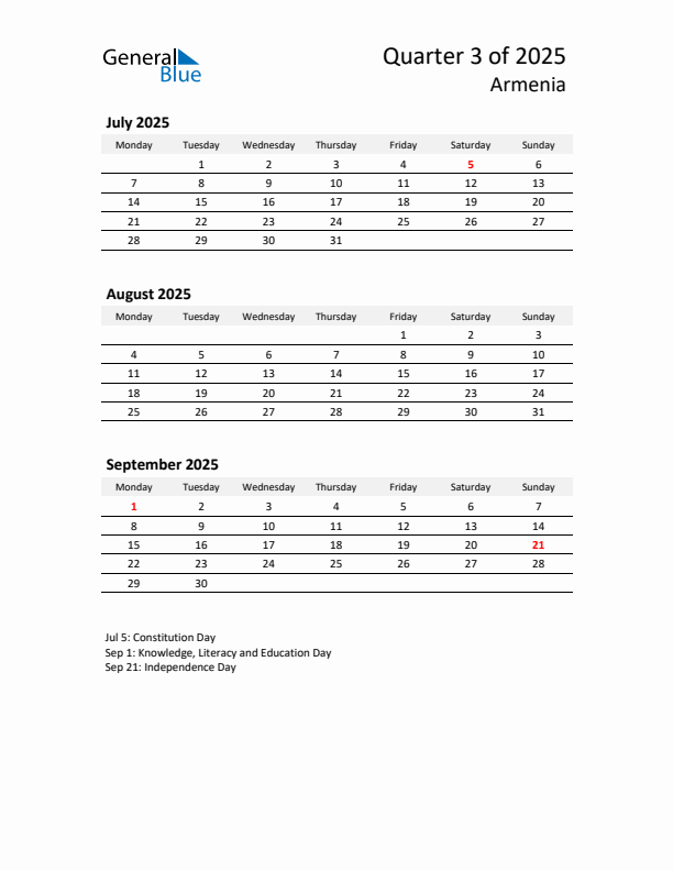 2025 Q3 Three-Month Calendar for Armenia