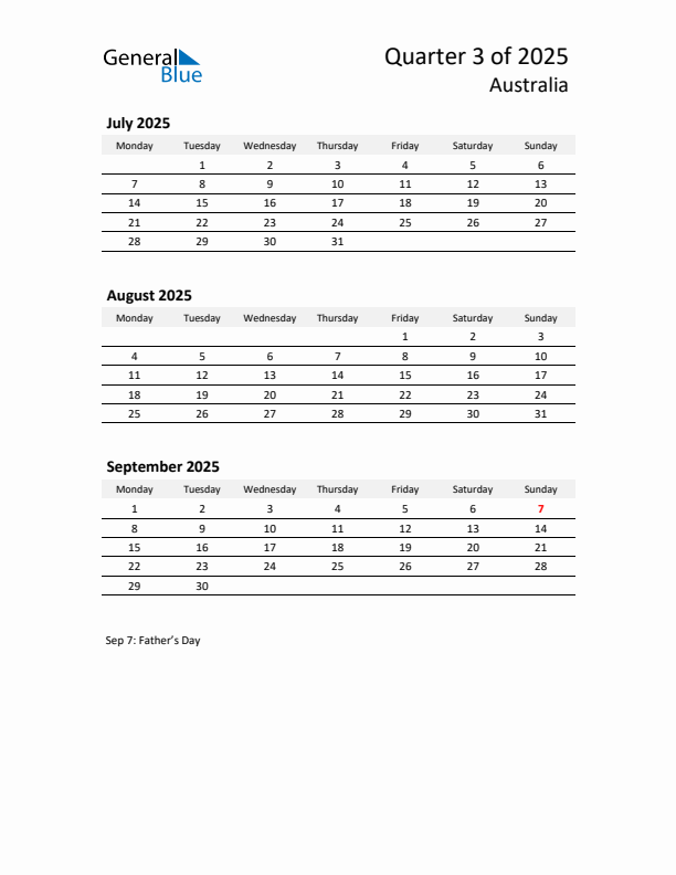 2025 Q3 Three-Month Calendar for Australia