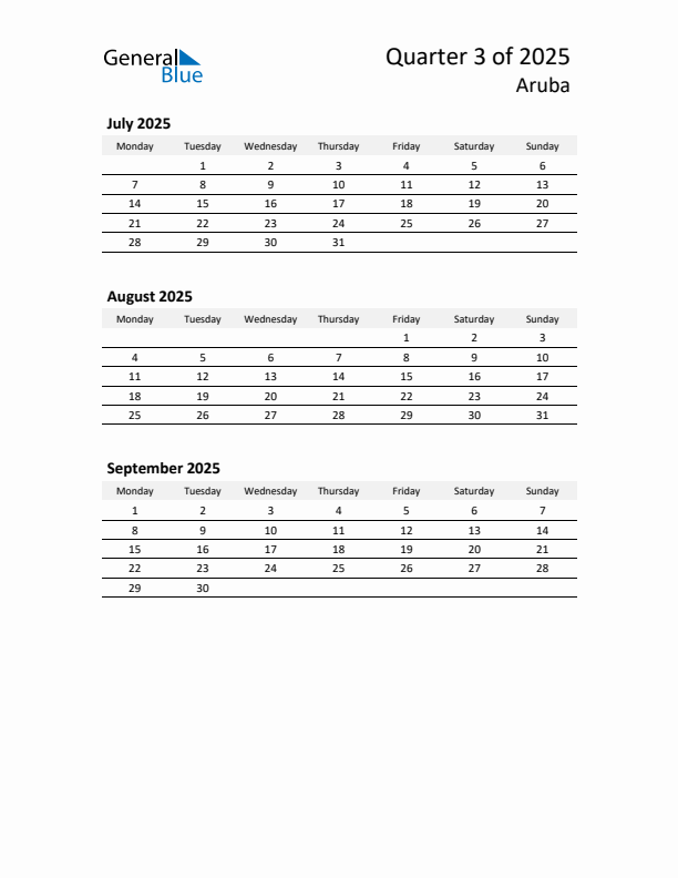 2025 Q3 Three-Month Calendar for Aruba