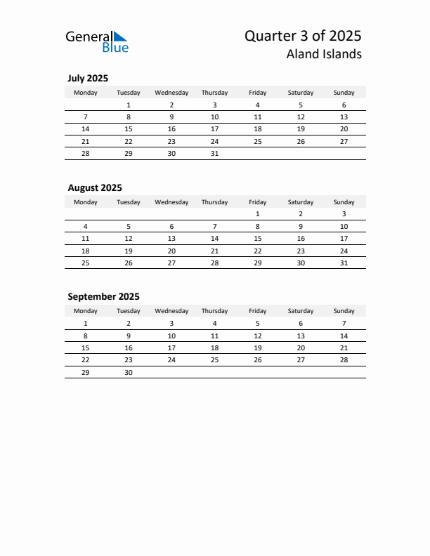 2025 Q3 Three-Month Calendar for Aland Islands