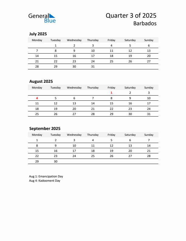 2025 Q3 Three-Month Calendar for Barbados