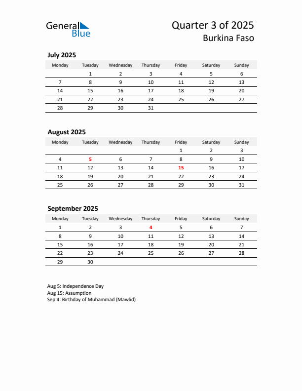 2025 Q3 Three-Month Calendar for Burkina Faso