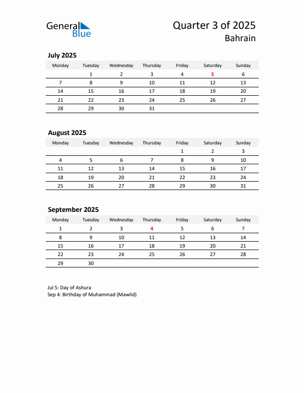 2025 Q3 Three-Month Calendar for Bahrain