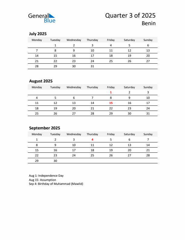 2025 Q3 Three-Month Calendar for Benin