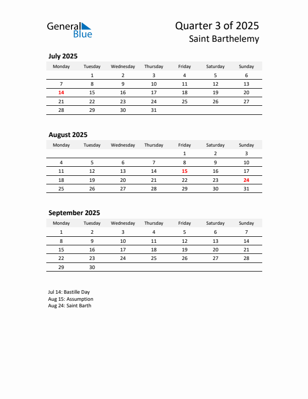 2025 Q3 Three-Month Calendar for Saint Barthelemy