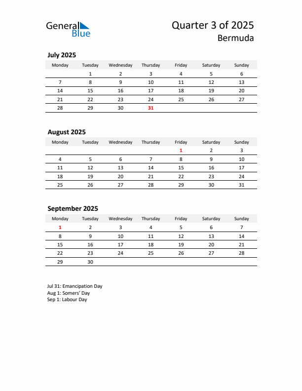 2025 Q3 Three-Month Calendar for Bermuda