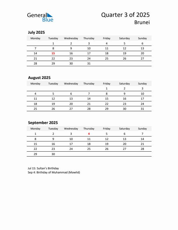 2025 Q3 Three-Month Calendar for Brunei