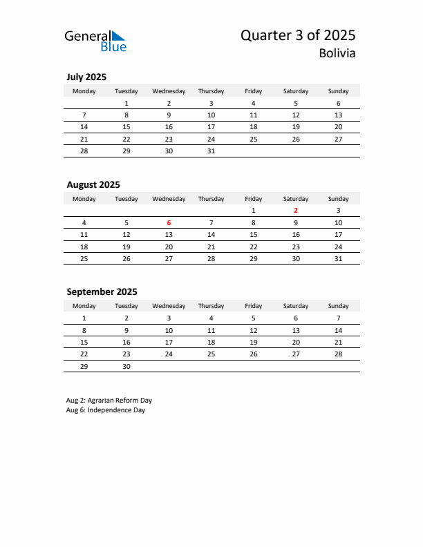 2025 Q3 Three-Month Calendar for Bolivia