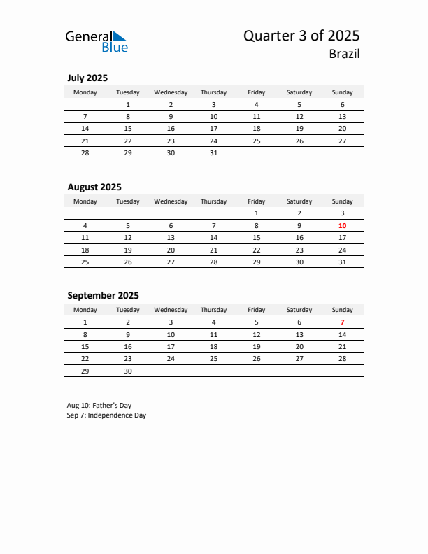 2025 Q3 Three-Month Calendar for Brazil