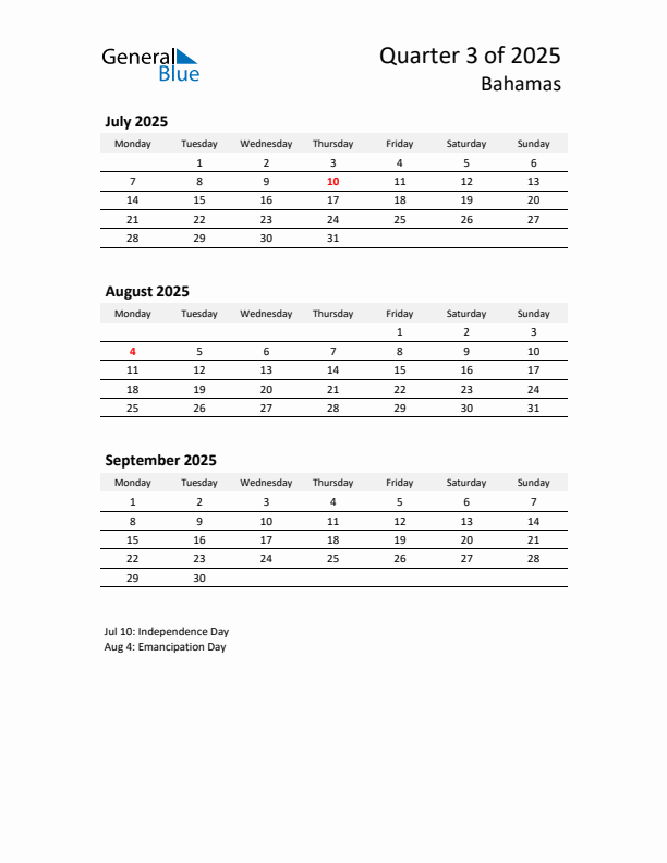 2025 Q3 Three-Month Calendar for Bahamas