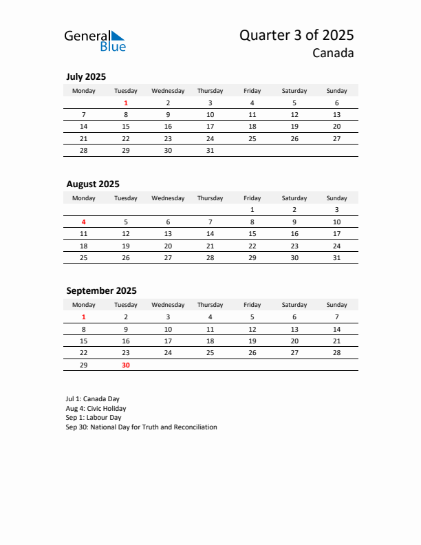 2025 Q3 Three-Month Calendar for Canada