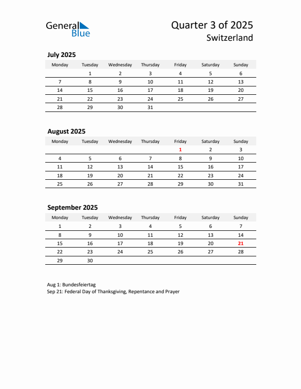 2025 Q3 Three-Month Calendar for Switzerland