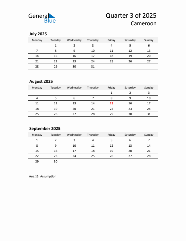 2025 Q3 Three-Month Calendar for Cameroon