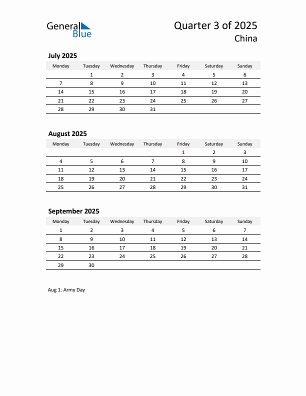 2025 Q3 Three-Month Calendar for China