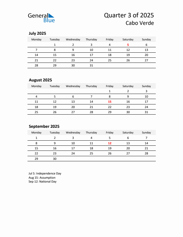 2025 Q3 Three-Month Calendar for Cabo Verde