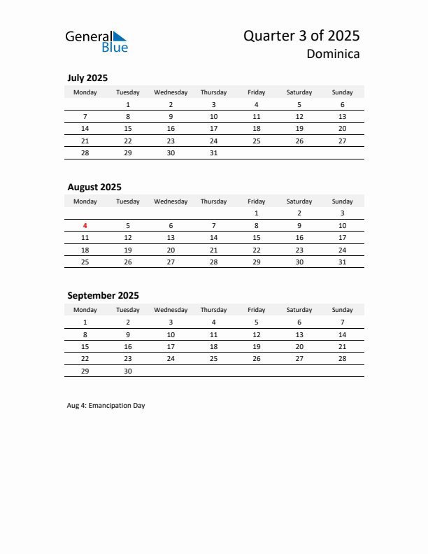 2025 Q3 Three-Month Calendar for Dominica