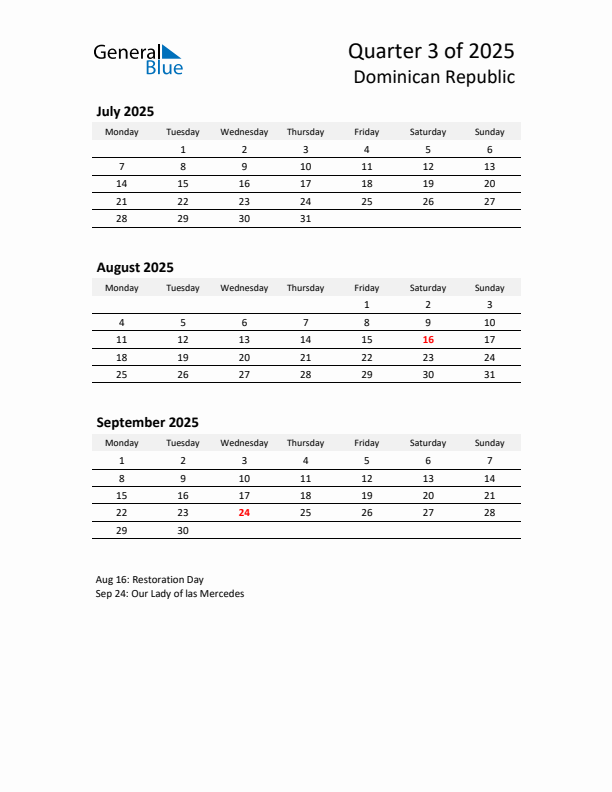 2025 Q3 Three-Month Calendar for Dominican Republic