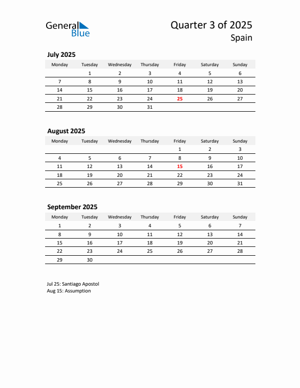 2025 Q3 Three-Month Calendar for Spain