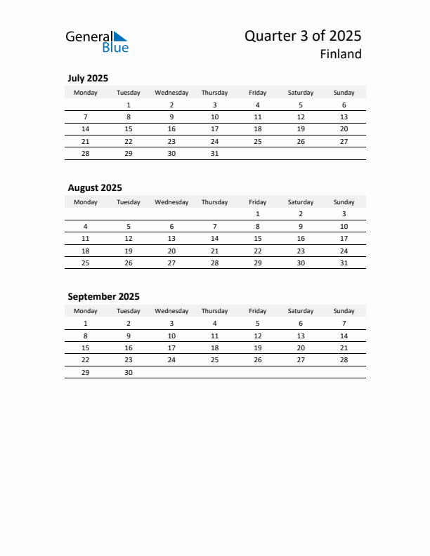 2025 Q3 Three-Month Calendar for Finland