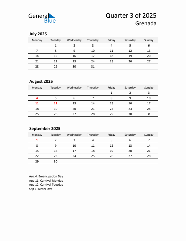 2025 Q3 Three-Month Calendar for Grenada