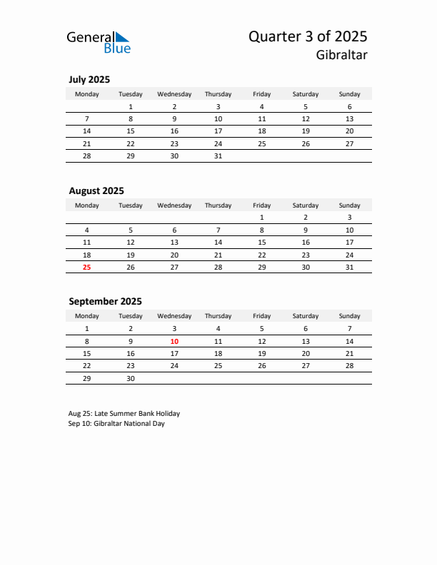 2025 Q3 Three-Month Calendar for Gibraltar