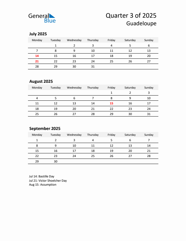 2025 Q3 Three-Month Calendar for Guadeloupe