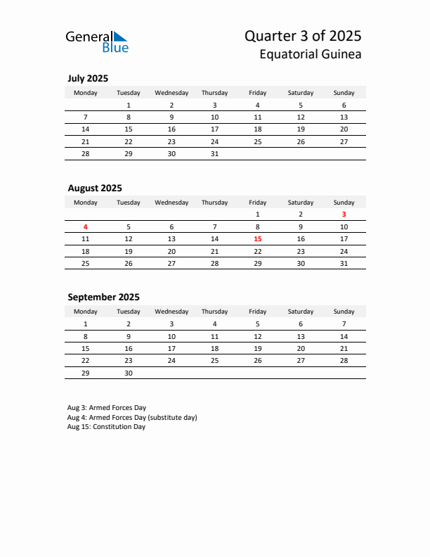 2025 Q3 Three-Month Calendar for Equatorial Guinea