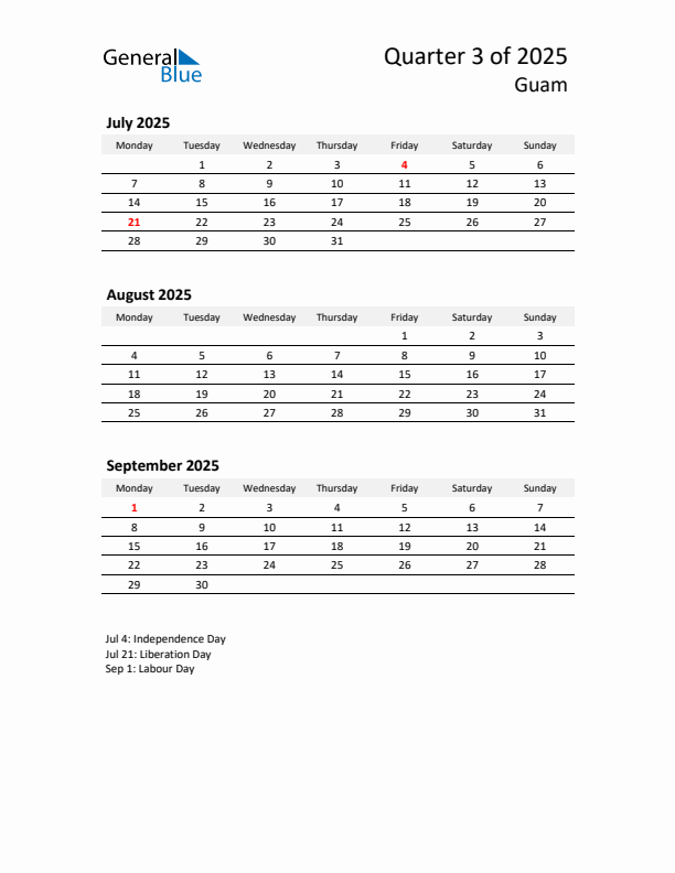 2025 Q3 Three-Month Calendar for Guam