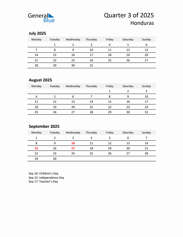 2025 Q3 Three-Month Calendar for Honduras