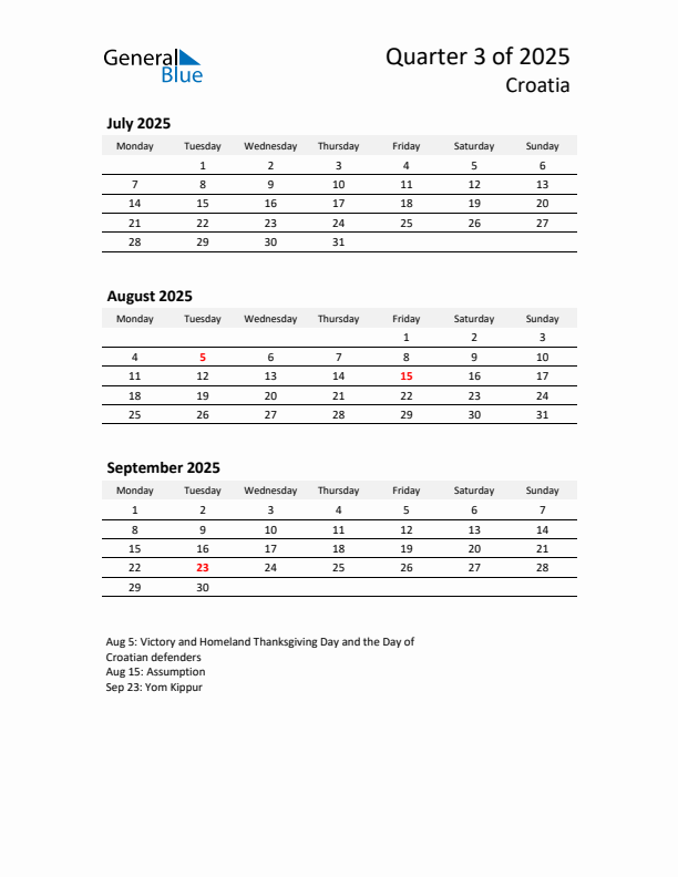 2025 Q3 Three-Month Calendar for Croatia