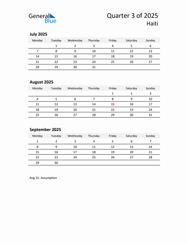 2025 Q3 Three-Month Calendar for Haiti