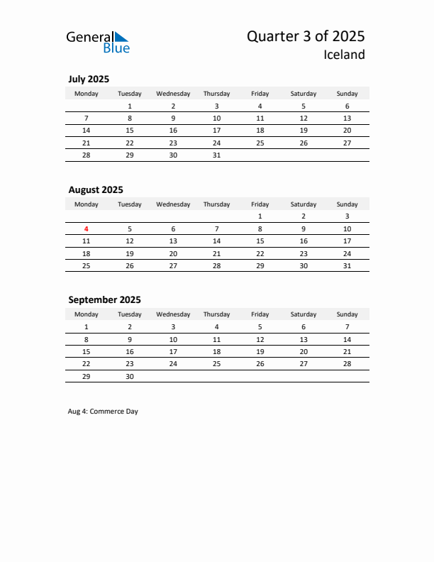 2025 Q3 Three-Month Calendar for Iceland