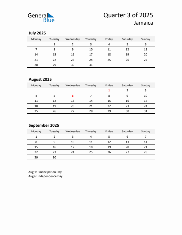 2025 Q3 Three-Month Calendar for Jamaica