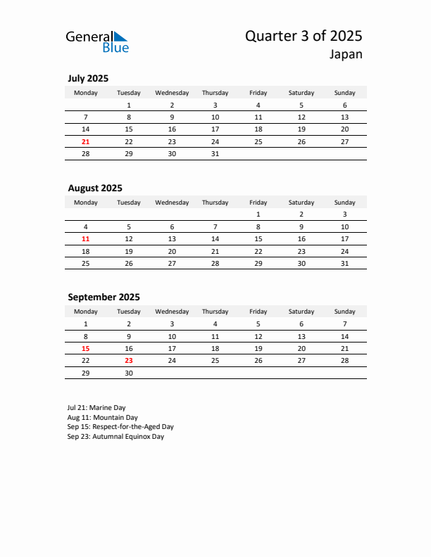 2025 Q3 Three-Month Calendar for Japan