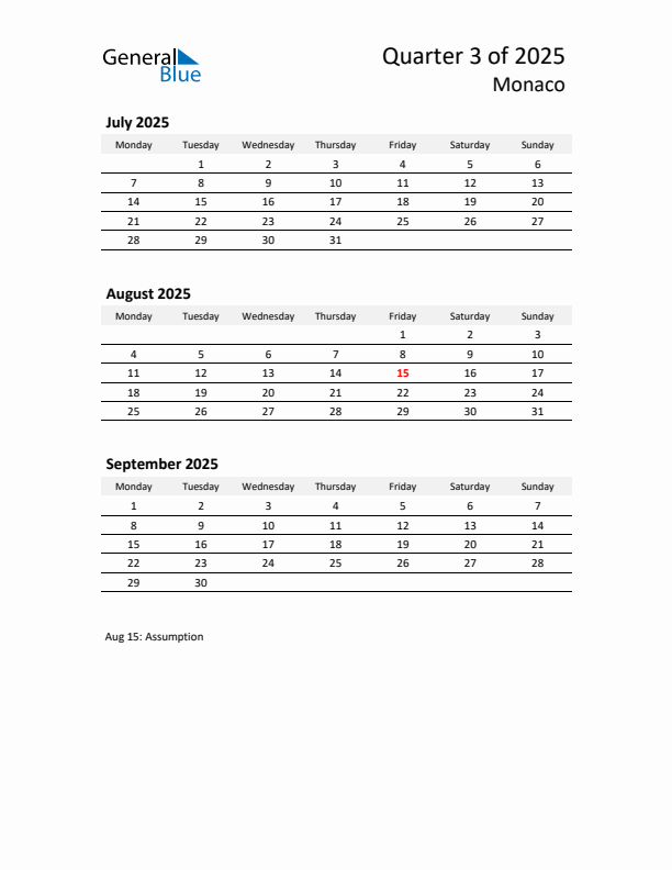 2025 Q3 Three-Month Calendar for Monaco