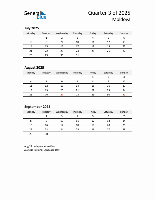 2025 Q3 Three-Month Calendar for Moldova