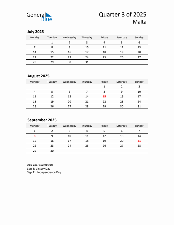 2025 Q3 Three-Month Calendar for Malta