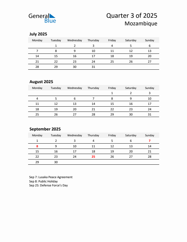 2025 Q3 Three-Month Calendar for Mozambique